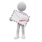 Video Hosting mit E-Mail Eintragungsformularen: weiße Figur hält einen Brief in der Hand mit der roten Aufschrift - dringend